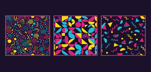 A vibrant collection of seamless patterns in a retro 80s Memphis style, featuring colorful abstract geometric shapes for creative backgrounds