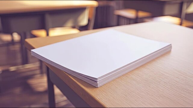 A stack of blank white paper rests on the corner of a wooden desk in a classroom