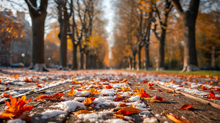 The image captures a serene transition from autumn to winter, with tall trees covered in snow and vibrant maple leaves, showcasing the peaceful coexistence of fall and winter.