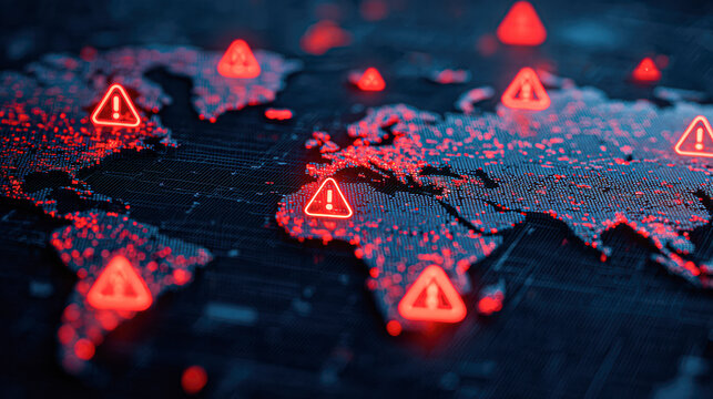 A digital map depicts a world with red alert symbols, suggesting areas of concern or warnings related to global issues.