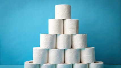Stack of toilet paper rolls forming a pyramid against a vibrant blue backdrop