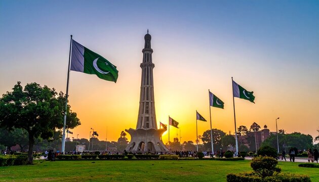 Minar-e-Pakistan stands tall in a landscaped park, surrounded by fluttering flags and bathed in golden light&mdash;evoking national pride, historical memory, and the serene spirit of independence.
