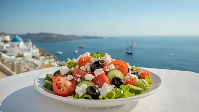 A fresh Greek salad with feta and olives is served on a sunny terrace, with the iconic blue-domed churches and Aegean sea of Santorini in the background