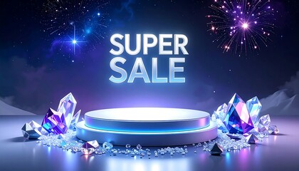 Stage with "Super Sale" text, set on a blue, glittering backdrop with fireworks and crystals