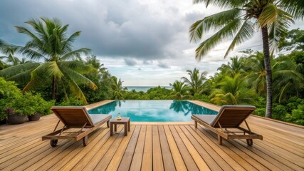 Fototapeta premium Luxurious tropical resort infinity pool with lounge chairs and palm trees under a dramatic cloudy sky
