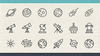 Collection of space exploration and astronomy icons satellite