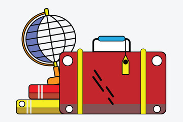 A red suitcase with a globe and books stacked on top, , perfect for travel themes
