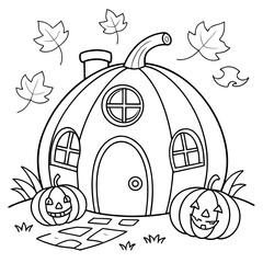 A black and white outline illustration of A whimsical pumpkin house coloring page