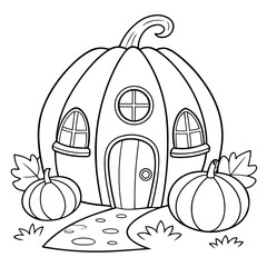 A black and white outline illustration of A whimsical pumpkin house coloring page