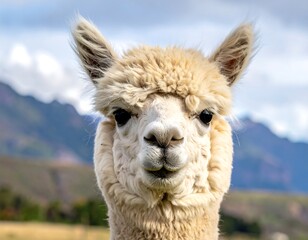 Obraz premium Close-up view of a fuzzy, light-colored llama with mountains