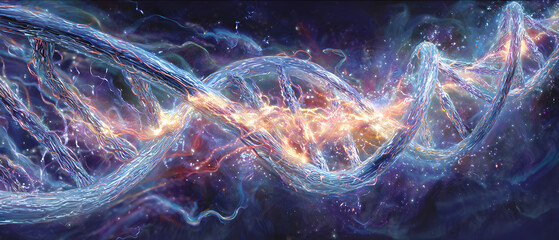 Bright DNA helix with cosmic nebula and energy sparks.