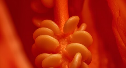 Closeup of the core of a red bell pepper showing seeds attached to the central white stem