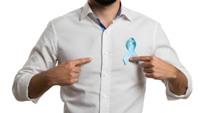 A man in a white shirt points to the blue ribbon, the international symbol for prostate cancer prevention.