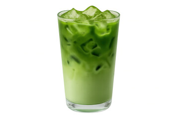 Iced matcha latte beverage with green tea and milk, cold refreshment in a glass, on transparent background