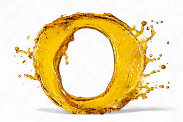 Golden liquid splash forming the letter o, isolated on transparent background