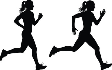 Dynamic silhouettes of two female athletes showcasing various running styles, embodying concepts of speed, fitness, endurance, and healthy active lifestyles in a compelling graphic design