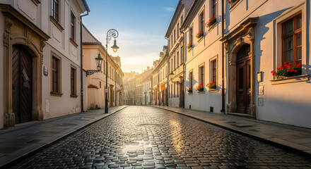 Cobblestone Street in European Town at Sunrise Empty Road Through Historic Buildings Urban Scene Old Town Architecture Travel Destination Morning Light Tranquil Streetscape