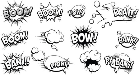 Black and white comic book sound effect speech bubbles and action words boom bang