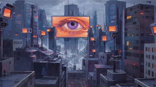 Excessive surveillance in dystopian cyberpunk city with privacy lack, Futuristic urban monitoring symbolizing big brother watching, authoritarian dictatorship futuristic concept 4k