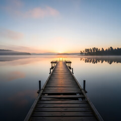 Obraz premium Serene Sunrise Over Misty Lake With Wooden Pier: Tranquil Waters Reflecting Dawn's Light, Leading to Distant Shores and Forest Silhouette Under Soft Pastel Skies