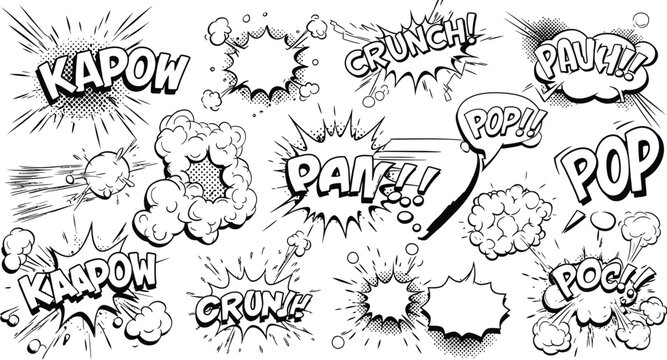 Black and White Comic Book Sound Effect Speech Bubbles vector 1