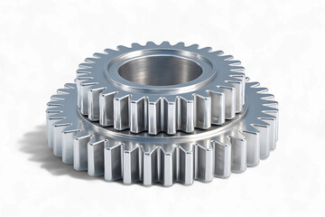 Two interlocking metal gears isolated on transparent background