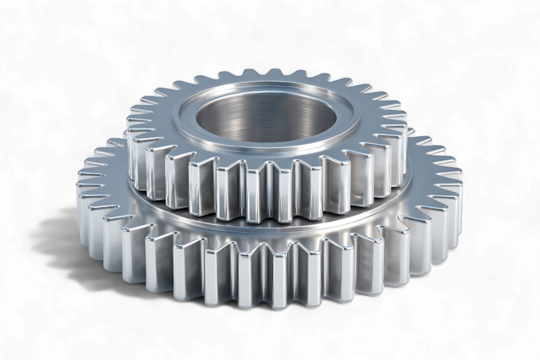 Two interlocking metal gears isolated on transparent background - Powered by Adobe
