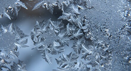 Closeup shows intricate frost crystals on a window creating delicate patterns with fernlike structures and textures
