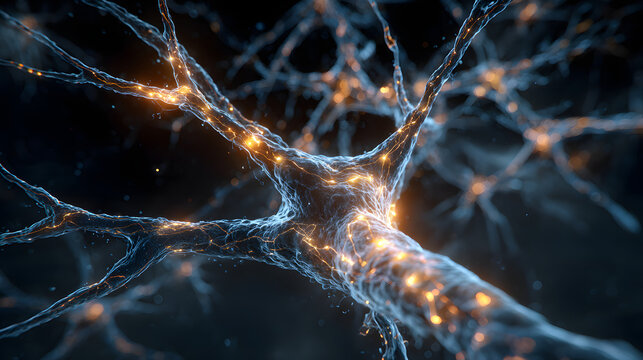 Illuminated neural network shows electrical impulses traveling through branching pathways.