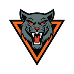 Fierce gray bobcat mascot head with sharp teeth inside an orange triangle emblem
