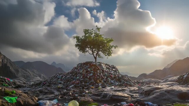 Tree seedling grows in garbage pile among wasteland with hope and new life, Green resilience sprouting in landfill, ecology conservation, reforestation and afforestation concept 4k