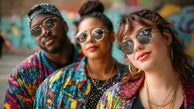 Trendy young adults, including plus-size models and interracial couples, in colorful streetwear against an urban backdrop, diversity, inclusivity, interracial couples, plus-size mo