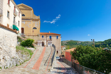 A narrow street among the old houses of Montesano sulla Margellana, a village in the province of Salerno, Italy.