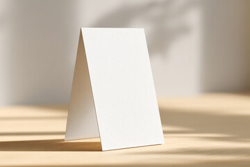 White folded paper card, tent card standing on wooden table with neutral background with natural light and shadows