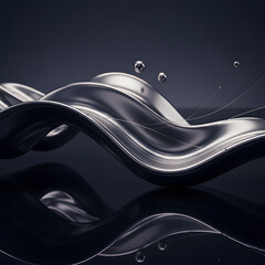 Abstract liquid metal waves, smooth reflective surface, motion frozen in time