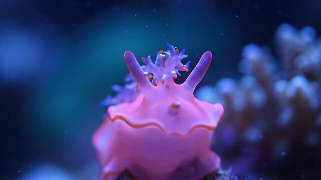 Close-up of a vibrant pink nudibranch, a sea slug, gracefully moving in a coral reef with blue water background.