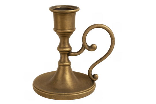Vintage brass candlestick with handle on transparent background