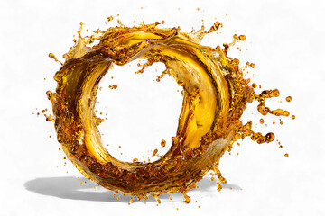 A dynamic splash of amber liquid forming a circular vortex, isolated on transparent background