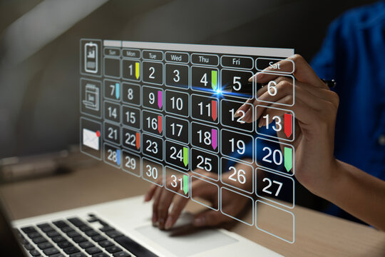 Businesswoman manages time for effective work. Businessman with calendar meeting schedule marking note target date appointing reminder appointment calendar for organizer agenda time. schedule activity