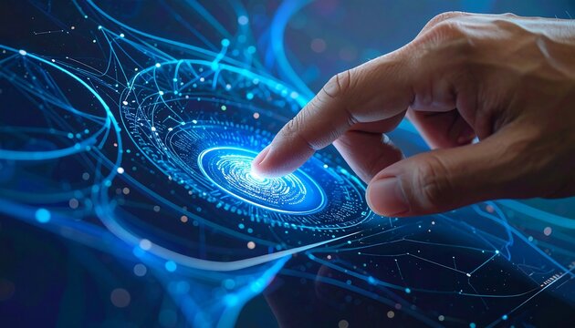 Hand touching a bright blue digital interface with glowing lines and patterns