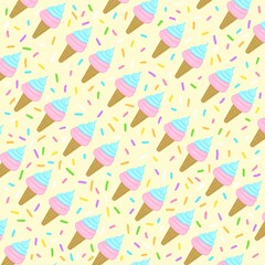 Cute ice cream seamless pattern in yellow background