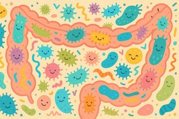 Whimsical depiction of gut microbiota featuring smiling bacteria and cheerful probiotics