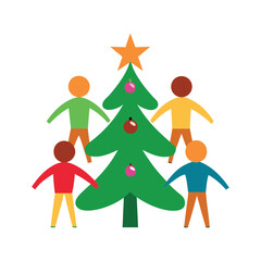 Diverse hands join around festive christmas tree symbolizing unity and holiday spirit celebration