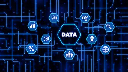 Data analytics concept. business internet technology concept. Motion graphic of data warehouse icons concept isolated on black background. - Powered by Adobe
