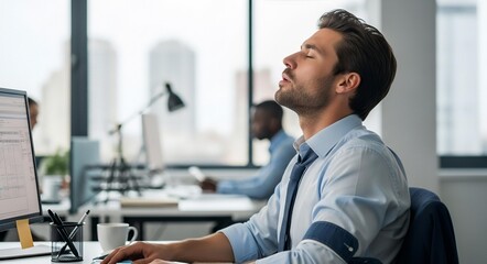 Man taking a deep breath at his desk in a modern office