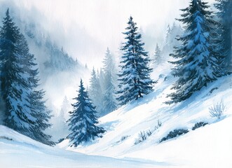 A serene winter landscape showcasing snow-covered pine trees amidst a soft mist, Ideal for nature-themed projects, holiday greetings, or winter sports promotions,