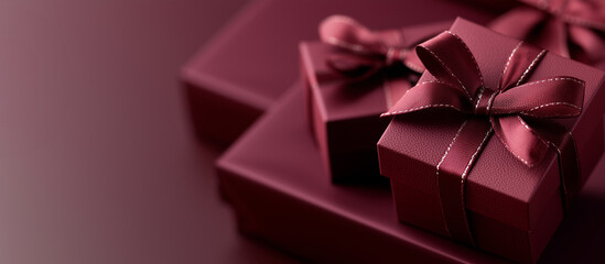 Pile of elegant burgundy present gift boxes with bows on deep red background. Christmas, New Year, Valentines day, birthday presets