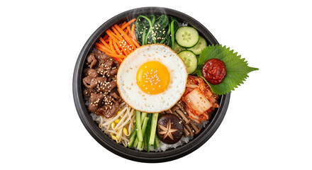 Bibimbap in a black bowl with a fried egg center