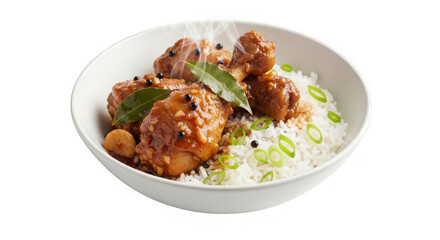 Chicken adobo with rice garnished with scallions and bay leaves