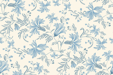 Vintage floral ethnic tapestry modern embroidery texture boho design vector illustration hand drawn silhouette indigo blue flower motif branches leaves wallpaper seamless background border. © Wita Pixs